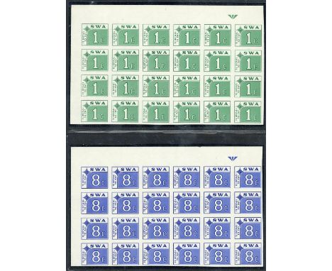 (x) South West AfricaPostage Due1972 1c. green and 8c. bright blue Pane "A" imperforate upper left corner "arrow" blocks of t