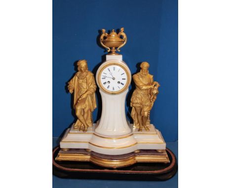A good quality 19th century French mantel clock with circular enamelled dial in gilt mounted white marble tapered case flanke