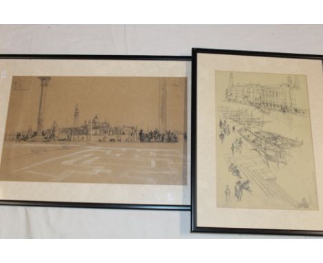 Artist unknown - pencil and chalkA Venice square scene with figures, 11" x 18" and one other unsigned pencil sketch of a cana