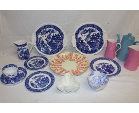 A selection of various Royal Worcester china including a pair of blue and white willow pattern serving plates, ornamental sca