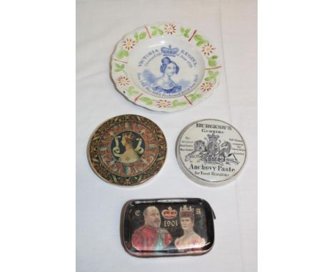 A Victorian 1838 Coronation plate with portrait decoration, Victorian commemorative pot lid, one other pot lid and a 1901 com