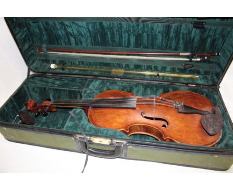 An old viola with 17½" figured one-piece back bearing a recent label for James Strawford of Grimsby Anno 1991 in fitted case 