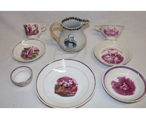 A selection of 19th century Sunderland china including "The Royal Polka" cup and saucer and a R. N. Phillips Esquire MP trans