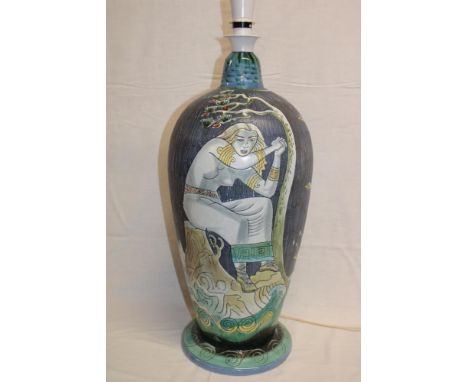 A 1960s Swedish pottery table lamp by Tilgmans with semi-nude female decoration, 24" high