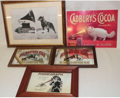 A small modern HMV gramophone advertising mirror, modern Eddison phonograph advertising mirror, reproduction Scots Antarctic 