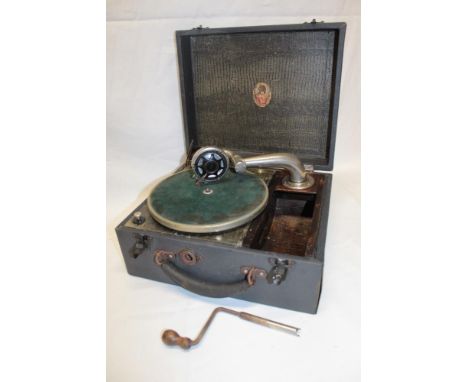 An unusual old portable gramophone with "Commonwealth" trade mark, the head marked for "Hands Loud Speaker Co. London" in bla