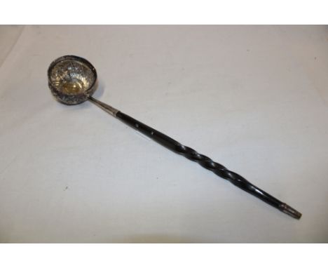 A 19th century silvered toddy ladle with raised decoration, the base inset with a Queen Anne 1709 shilling and spiral twist w