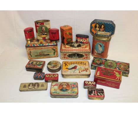 Twenty various advertising and commemorative tins including Edward VII biscuit tin with HMS St. George decoration, "The Army 