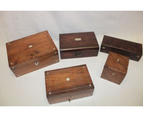 A selection of various table boxes including Victorian rosewood sewing box, small mahogany tea caddy, toiletry box with imita