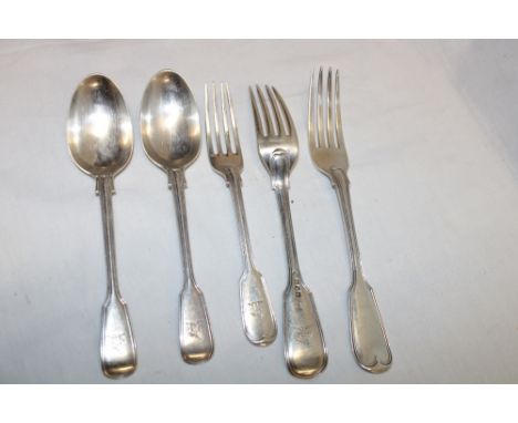 A pair of Victorian silver 'Fiddle' pattern table forks, London marks 1868, a pair of similar 'Fiddle' pattern dessert spoons