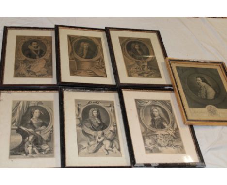 Seven mid-18th century black and white engravings depicting famous portraits including William Lord Russel, M. Rapin de Thoyr