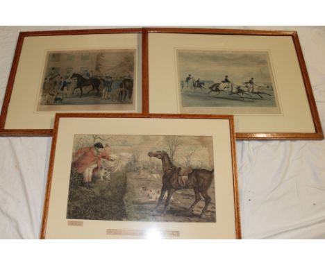 A pair of 19th Century hand coloured horse racing engravings "The Derby Pets" and one other Leech coloured hunting engraving 