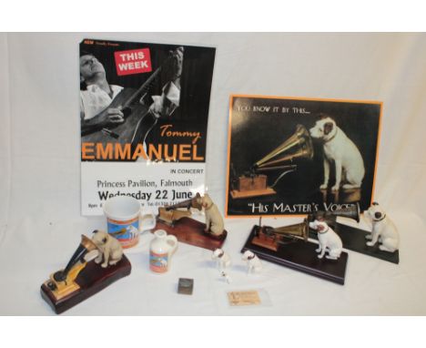 Various HMV memorabilia including four modern dog and phonograph figures, modern HMV metal print etc.