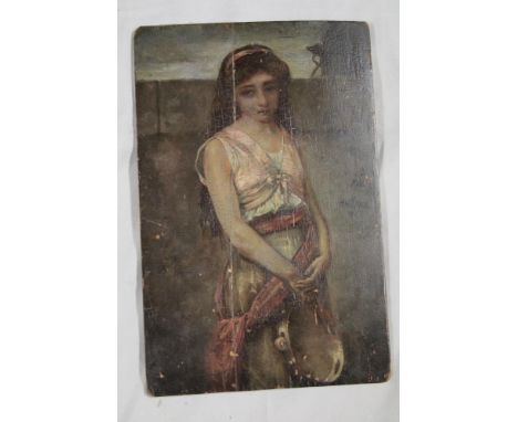 Artist Unknown - oil on wood panelThree-quarter length portrait of a musician girl with tambourine, 11½" x 7½"