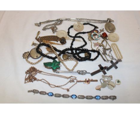 A selection of various costume jewellery including Cornish red serpentine circular brooch with inset compass, silver and mala