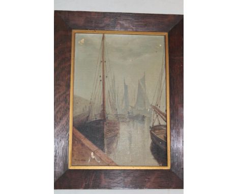 R** A** Hawkins - oil on canvasHarbour scene with fishing boats, signed, 10" x 7"