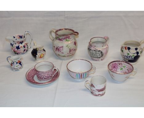 A selection of 19th century Sunderland china including hunting scene decorated jug, tapered milk jug "Ladies All I Pray Make 