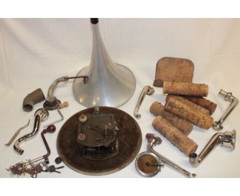 Various gramophone and phonograph accessories including early aluminium horn, gramophone turntable and part movement, musical