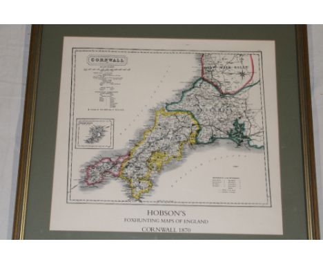 Hobson's Fox-hunting Map of Cornwall 1870, framed and glazed