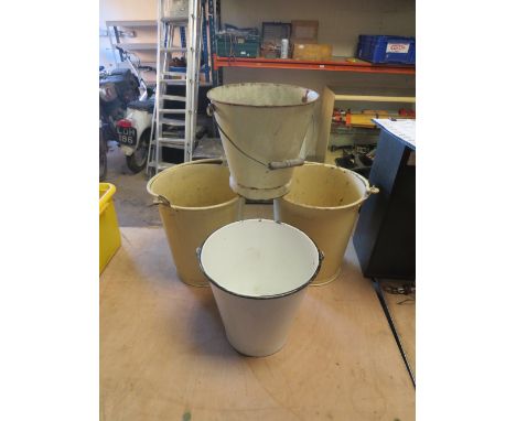 FOUR VINTAGE STEEL ENAMEL / PAINTED BUCKETS