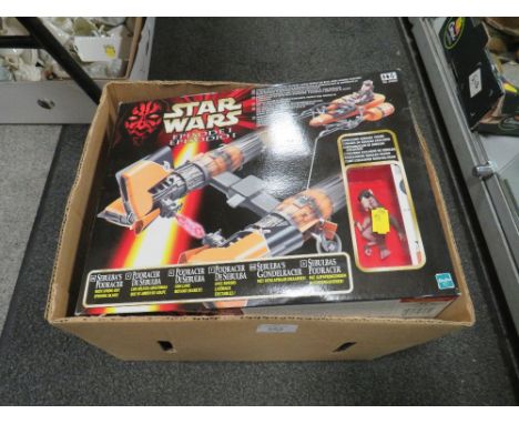 A BOX OF VINTAGE TOYS TO INCLUDE CARDED CORGI ROCKETS, SUBBUTEO FOOTBALL EXPRESS AND STAR WARS EPISODE I SEBULBA'S POD RACER 