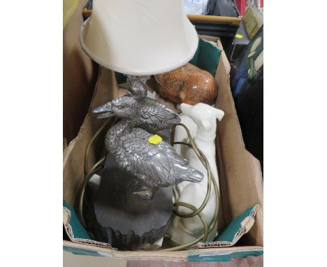 TWO TRAYS OF ASSORTED CERAMIC , GLASS ETC TO INCLUDE WHITE METAL DUCKS ON A PLINTH ETC