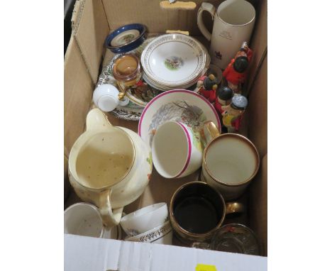 A TRAY OF ASSORTED CERAMICS TO INCLUDE MANY HUNTING THEME EXAMPLES 