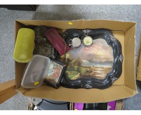 A TRAY OF SUNDRIES TO INCLUDE A MOTHER OF PEARL INLAID TRAY