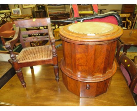 AN ANTIQUE MAHOGANY COMMODE AND A CHILDS CHAIR 