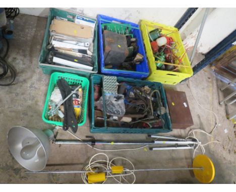 FIVE TRAYS OF TOOLS TOGETHER WITH TOW VINTAGE LIGHTS - TRAYS NOT INCLUDED