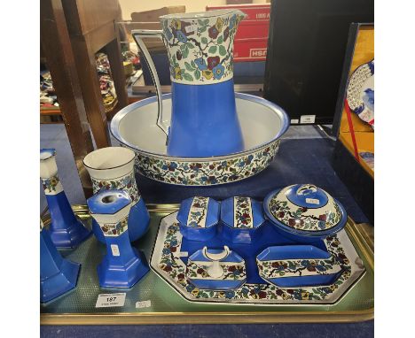 TRAY CONTAINING 12 PIECE EDWARDIAN WASH SET COMPRISING BASIN &amp; EWER, CANDLESTICKS, DRESSING TRAY, VANITY TRAY, POWDER BOW