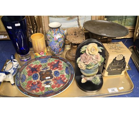 TRAY CONTAINING VINTAGE SCALES, DOULTON DISPLAY PLATE, CLARICE CLIFF VASE(DAMAGED), GLASS VASEM, COW CREAMER, PAIR OF PLASTER
