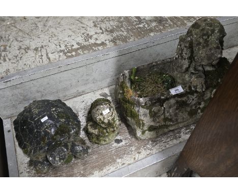 3 CONCRETE GARDEN ORNAMENTS COMPRISING DOG PLANTER, SMALL PIG &amp; TORTOISE