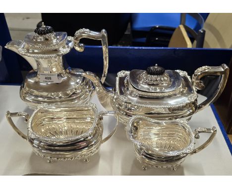 VERY FINE 4 PIECE SOLID SHEFFIELD SILVER TEA SERVICE COMPRISING TEAPOT, HOT WATER POT, SUGAR &amp; CREAM MADE BY WALKER &amp;