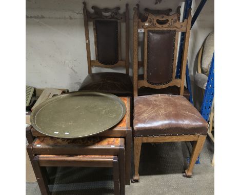 SET OF 3 OAK ART NOUVEAU STYLE EDWARDIAN DINING CHAIRS, LARGE BRASS SERVING TRAY, MID CENTURY NEST OF 3 TILE TOPPED TEAK FRAM