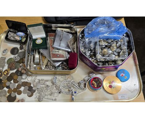 TRAY CONTAINING VARIOUS OLD BUTTONS, SILVER NECKLACES, PENDANTS, OLD COINS, BADGES, CIGARETTE CASES, SILVER HANDLED KNIFES ET