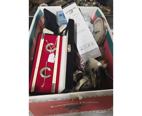 BOX CONTAINING CHOPSTICK SET, TEA SERVICE, MANTLE CLOCK, ANIMAL ORNAMENT, VINTAGE MARBLES ETC