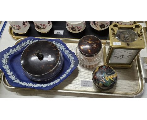 BRASS FRENCH STYLE CARRIAGE CLOCK, CLOISSONE LIDDED DRAGON DISH, 2 SILVER MOUNTED TORTOISE SHELL STYLE LIDDED DRESSING TABLE 