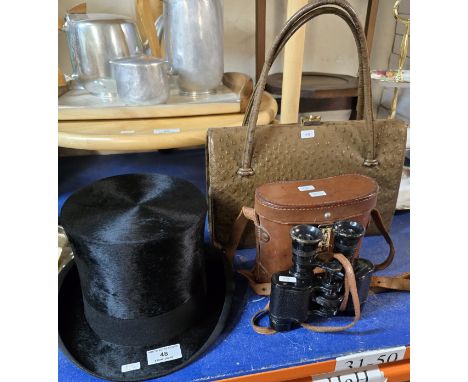 GENTLEMAN'S SILK TOP HAT BY CARSWELL RENFIELD STREET GLASGOW, LADIES VINTAGE HANDBAG, LEATHER CASED PAIR OF CLAROP BINOCULARS