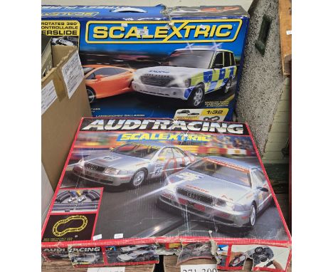 2 SCALEXTRIC MODEL SETS, STREET PURSUIT &amp; AUDI RACING, BOX CONTAINING QUANTITY OF VARIOUS SCALEXTRIC MODELS, CARS, TRACK,