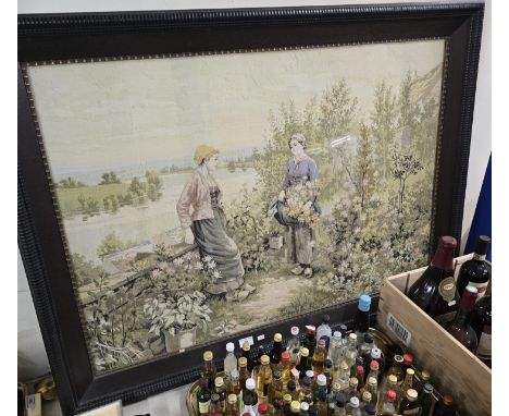 LARGE OAK FRAMED SEWING TAPESTRY PANEL, DUTCH SCENE