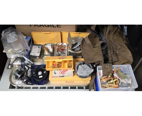 TRAY CONTAINING LARGE QUANTITY OF FISHING ACCESSORIES INCLUDING 3 FLY REELS ONE IS A SYSTEM 2, 2 SPINNING REELS, VARIOUS LINE