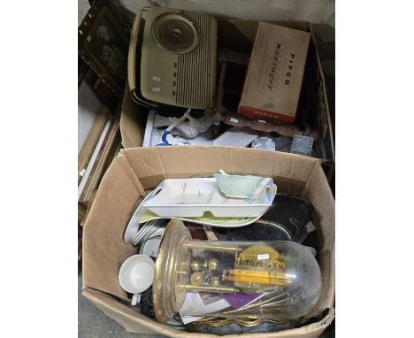 2 BOXES CONTAINING BINOCULARS, DOME CASED CLOCK, DECANTER, BUSH RADIO, 2 DIVISION TANTALIS, BLUE &amp; WHITE FIGURE ORNAMENT 