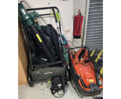 FLYMO LAWNMOWER, VICTORY VACUUM BLOWER, EXTENSION CABLE, VICTORY TOOLS, LEAF SWEEPER ETC