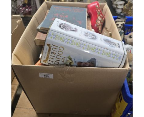 BOX CONTAINING VARIOUS STAMP ALBUMS, VARIOUS ANIMAL ORNAMENTS, DOG ORNAMENTS, CLOCK ORNAMENT, BRASS BELL ETC