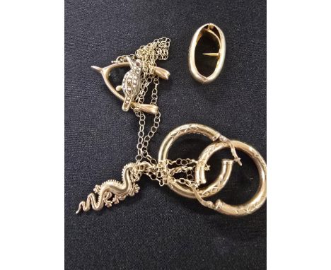 9 CARAT GOLD NECK CHAIN WITH CHINESE DRAGON PENDANT, PAIR OF 9 CARAT GOLD HOOP EARRINGS, 9 CARAT GOLD SCARF HOOP STONE MOUNTE