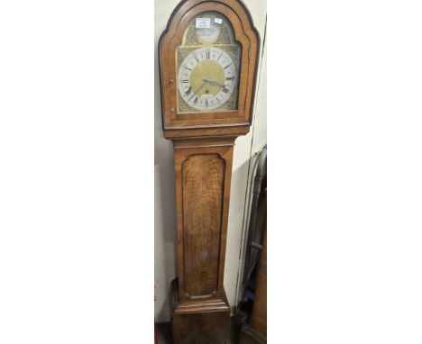 BRASS FACED WALNUT CASED GRANDDAUGHTER CLOCK BY HENDERSON WITH WESTMINSTER CHIME      