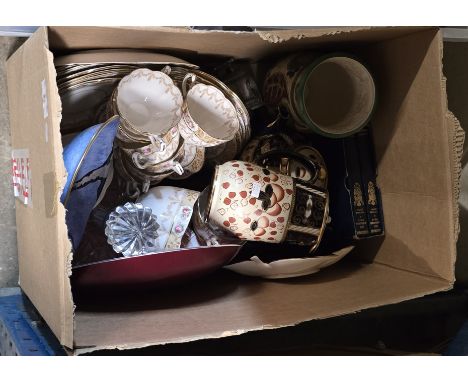 BOX CONTAINING CUT CRYSTAL SHIPS DECANTER WITH STOPPER, CARLTON WARE DISH, QUANTITY OF VARIOUS EDWARDIAN TEAWARE, SYLVAC VASE