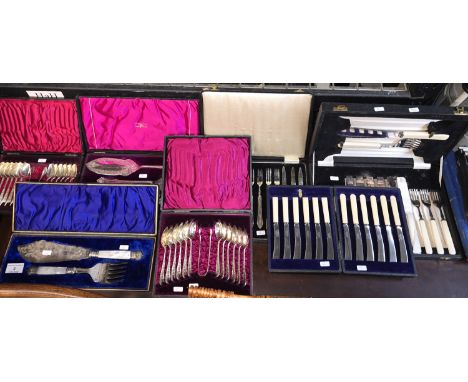 7 CASED SETS OF CUTLERY INCLUDING EP TEA SPOONS &amp; SUGAR TONGS, FISH SERVERS, AFTERNOON TEA KNIFES, FRUIT FORKS &amp; KNIF