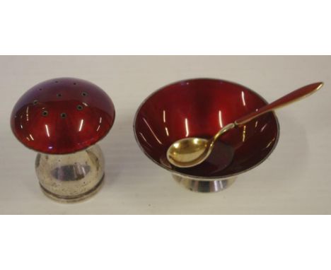 Danish silver and enamel salt, pepper & spoon